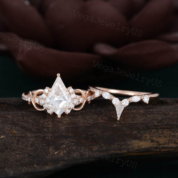 Kite cut moissanite engagement ring set Unique rose gold diamond ring set Dainty bridal set Twist promise ring Half eternity crossed ring