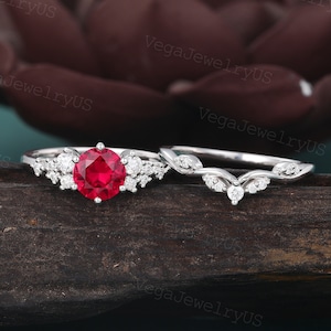 Lab Ruby engagement ring set Unique White gold engagement ring set Dainty Moissanite bridal set promise ring for Women Anniversary gift