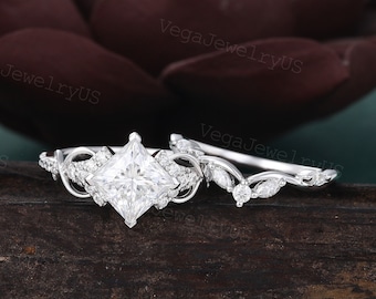 Princess cut moissanite ring set Unique white gold engagement ring set Dainty diamond bridal set Twist promise ring Antique marriage ring