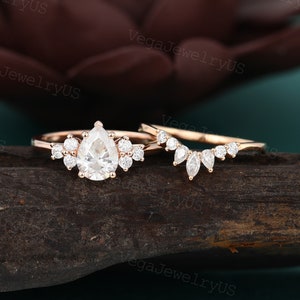 Unique Pear Moissanite engagement ring set Vintage rose gold engagement ring set dainty diamond ring bridal set Anniversary promise ring