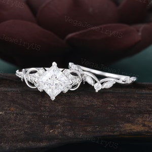 Princess cut moissanite ring set Unique white gold engagement ring set Dainty diamond bridal set Twist promise ring Antique marriage ring image 1