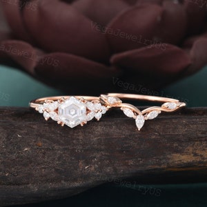 Hexagon moissanite ring set Rose gold butterfly engagement ring set Pear diamond cluster ring set Art deco woman bridal set Promise gift