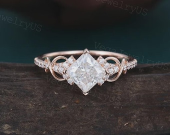 Princess cut Moissanite engagement ring Unique rose gold engagement ring dainty diamond bridal ring Twist ring promise ring anniversary gift