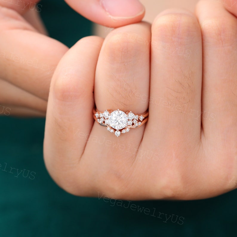Vintage moissanite engagement ring set Unique rose gold engagement ring set Dainty diamond bridal set promise ring Anniversary gift image 5