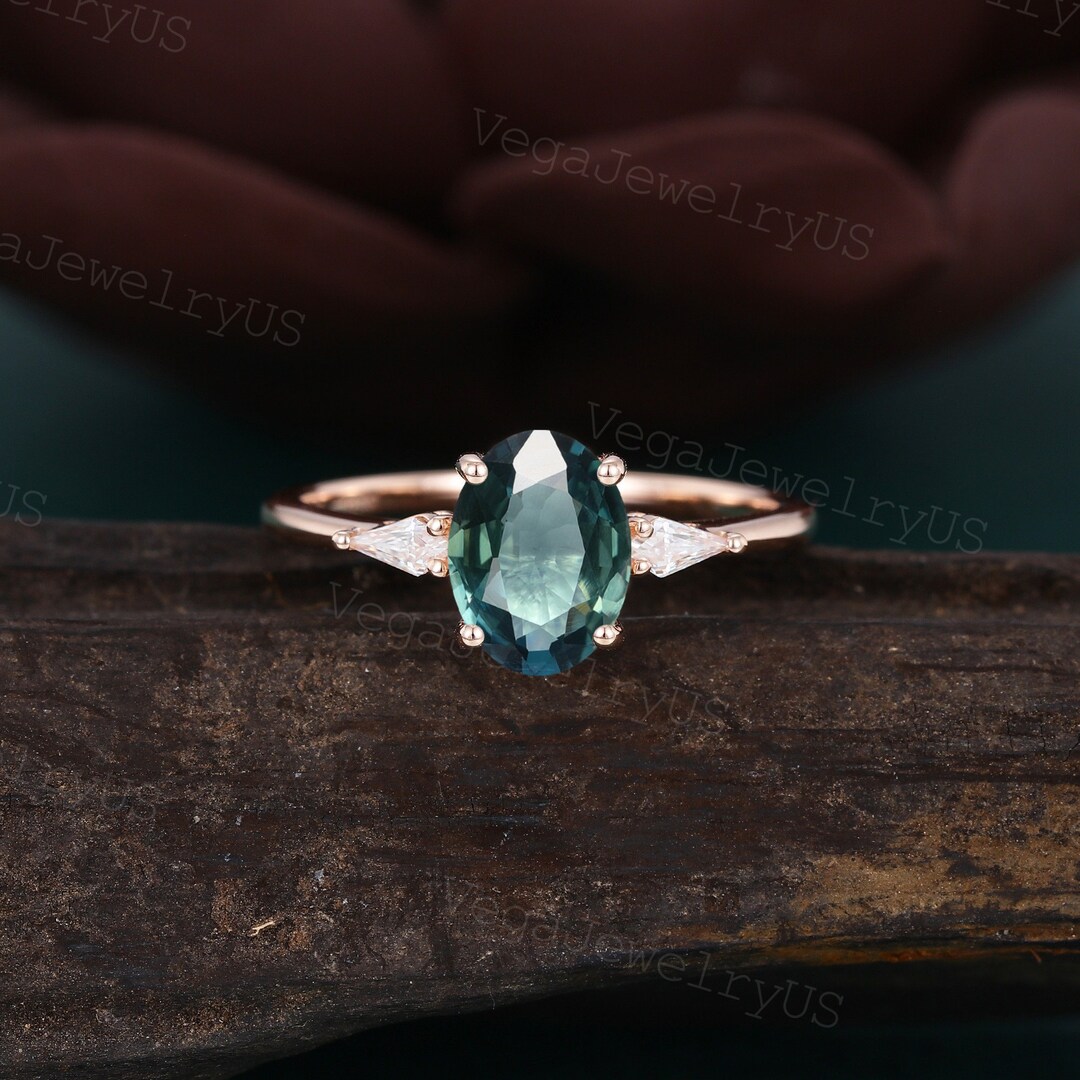 Oval Blue Green Sapphire Engagement Ring Vintage Rose Gold Engagement