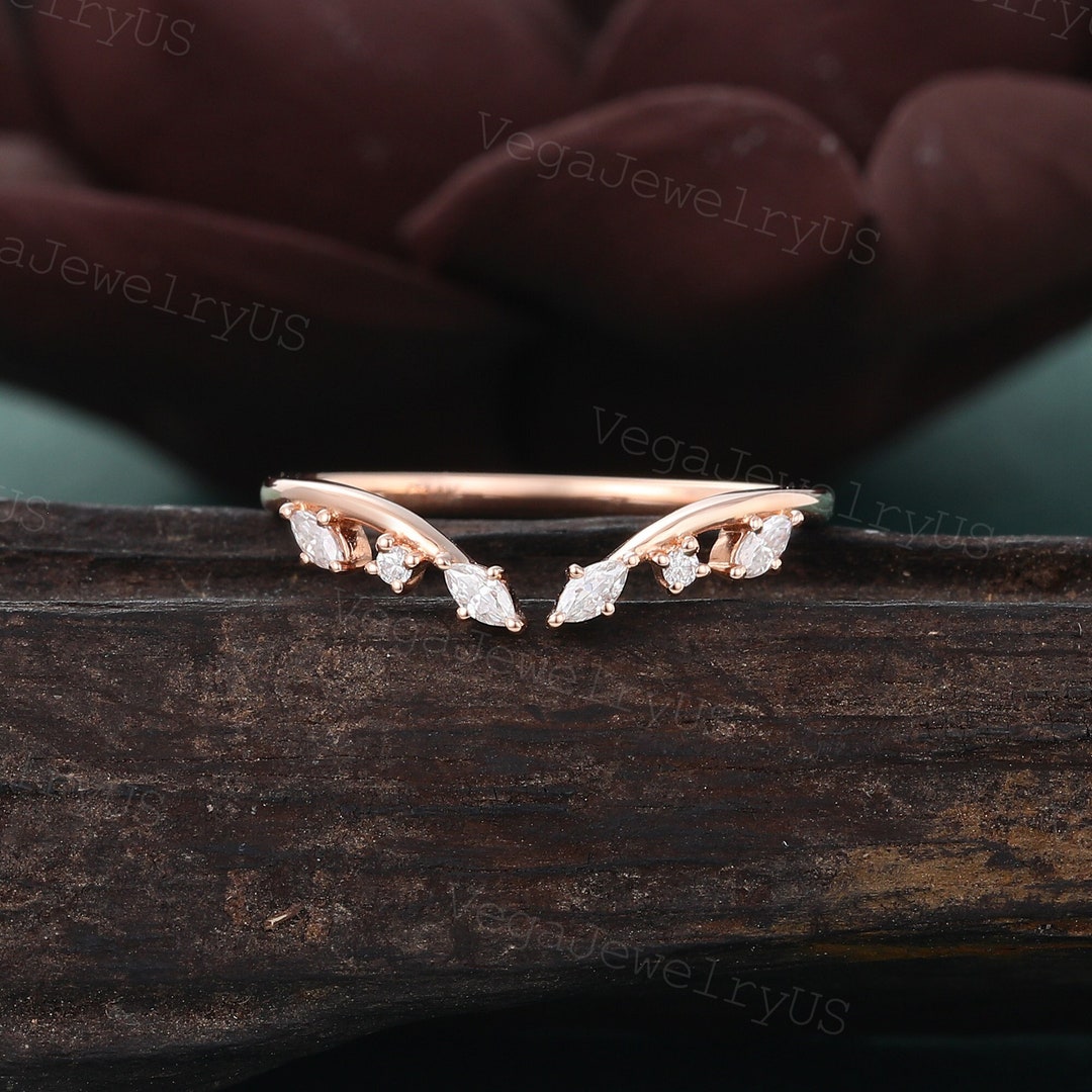 Marquise Cut Curved Wedding Band Vintage Rose Gold Open Moissanite ...