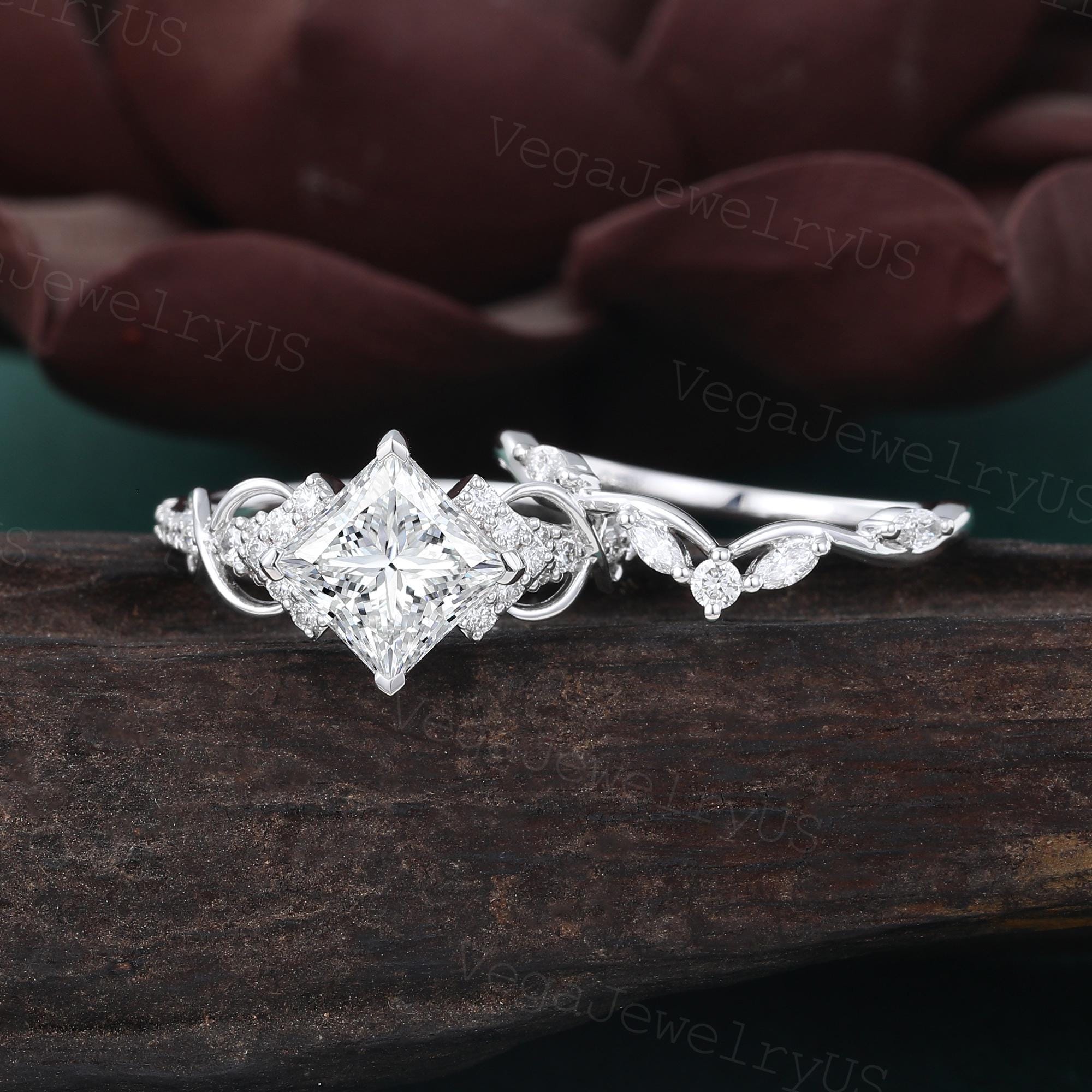 Princess Cut Lab Diamond Ring Set Unique White Gold Engagement Ring Set ...