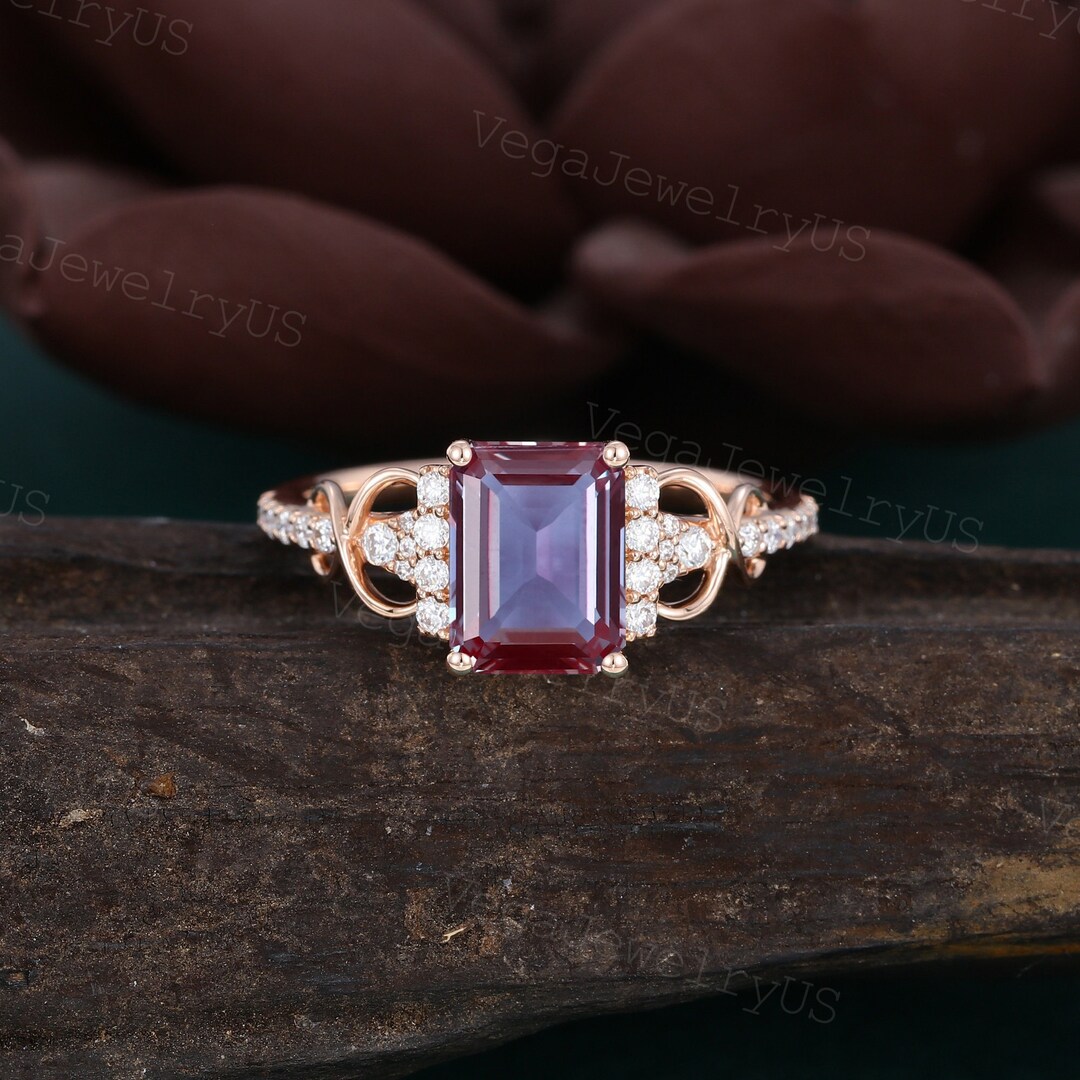 Emerald Cut Alexandrite Engagement Ring Unique Rose Gold Etsy