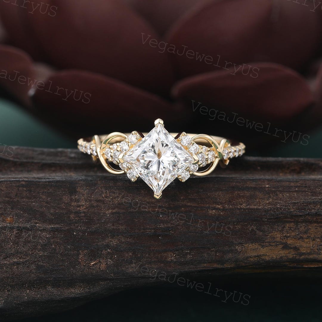 Princess Cut Lab Diamond Engagement Ring 14K Yellow Gold Delicate ...