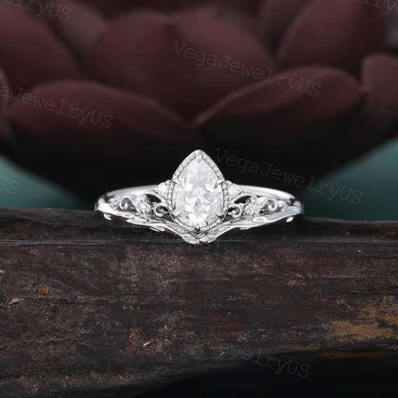 Pear shaped moissanite engagement ring vintage white gold diamond engagement ring unique bridal ring anniversary promise ring for women