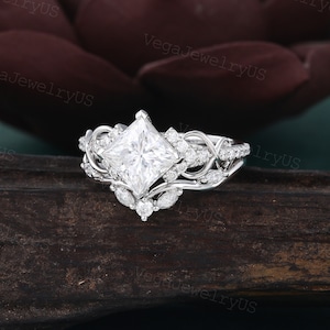 Princess cut moissanite ring set Unique white gold engagement ring set Dainty diamond bridal set Twist promise ring Antique marriage ring image 3