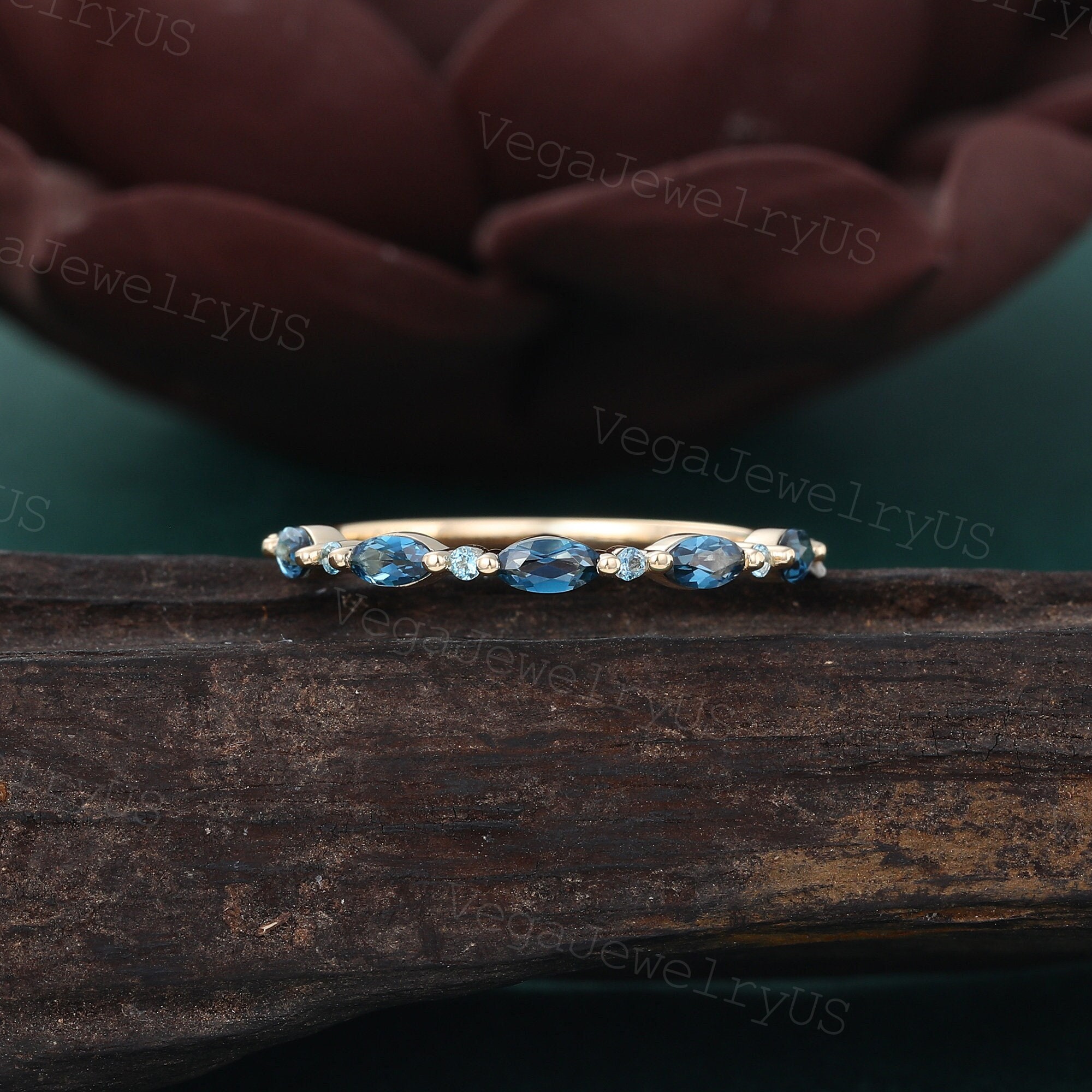 Half eternity London Blue Topaz wedding band Unique yellow gold wedding band Marquise Topaz marriage ring Art deco matching stackable ring