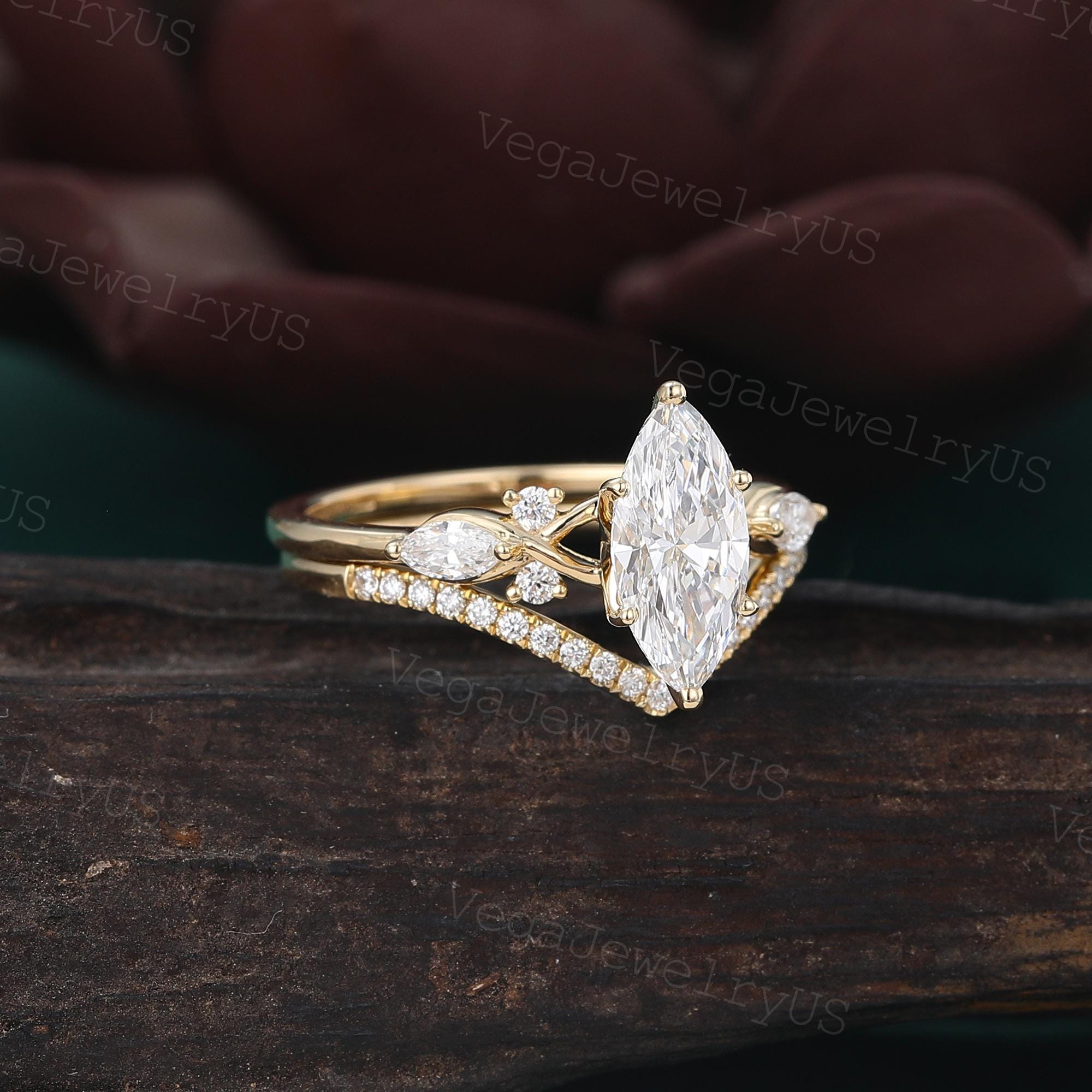 Marquise Cut Lab Grown Diamond Engagement Ring Set Unique Yellow Gold ...