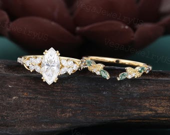 Marquise moissanite engagement ring Set Unique Yellow gold Twist Marquise Moss Agate bridal ring Set Anniversary Promise Wedding Ring Set