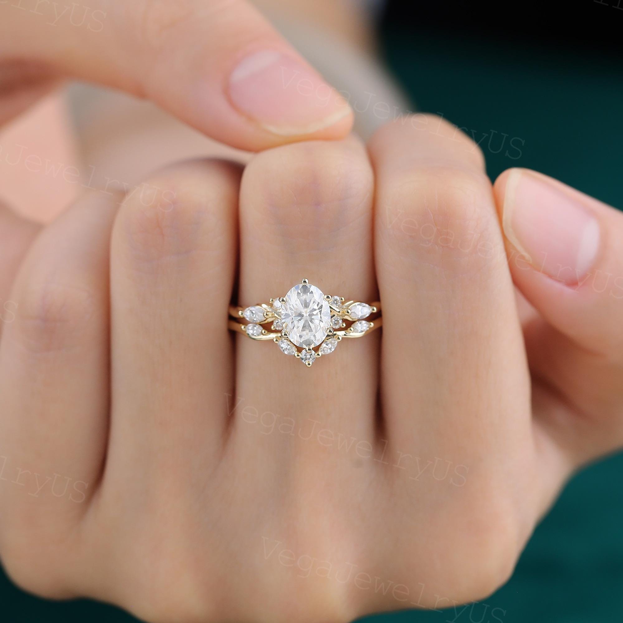 Oval Cut Moissanite Engagement Ring Set Unique Yellow Gold Marquise 3/4 ...