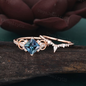 Princess cut Alexandrite engagement ring set Unique rose gold bridal set Twist kite shaped diamond Delicate Promise ring Anniversary ring