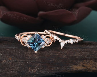Princess cut Alexandrite engagement ring set Unique rose gold bridal set Twist kite shaped diamond Delicate Promise ring Anniversary ring