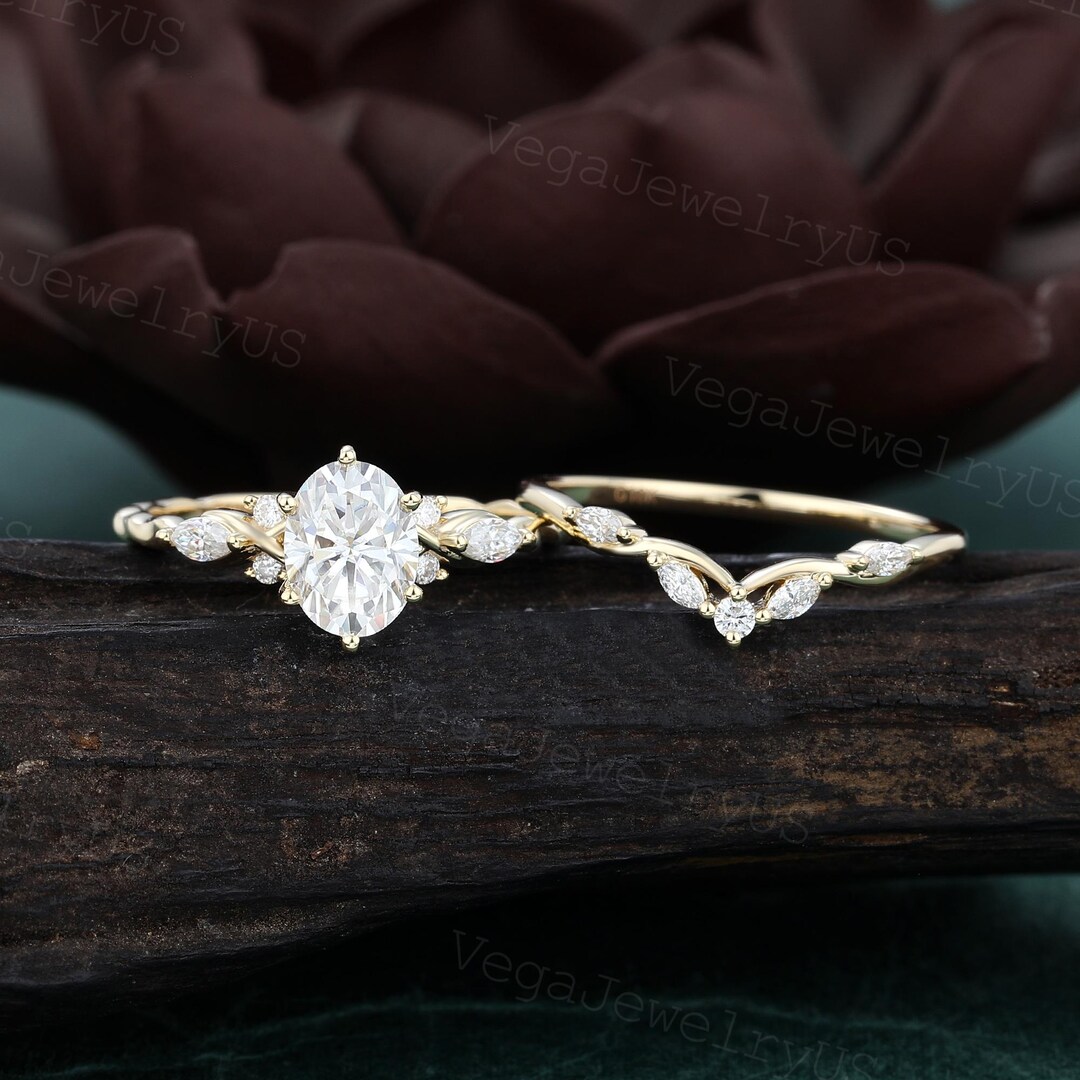 Oval Cut Moissanite Engagement Ring Set Unique Yellow Gold Marquise 3/4 ...