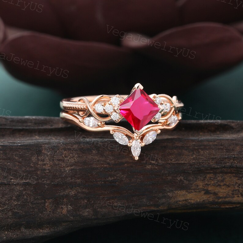Princess cut Lab Ruby engagement ring set Rose gold Marquise cut moissanite ring set diamond bridal set Twist promise ring set Marriage ring image 4