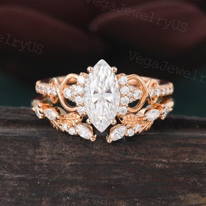 Marquise Cut Moissanite Engagement Ring Set Unique Yellow Gold Art Deco ...