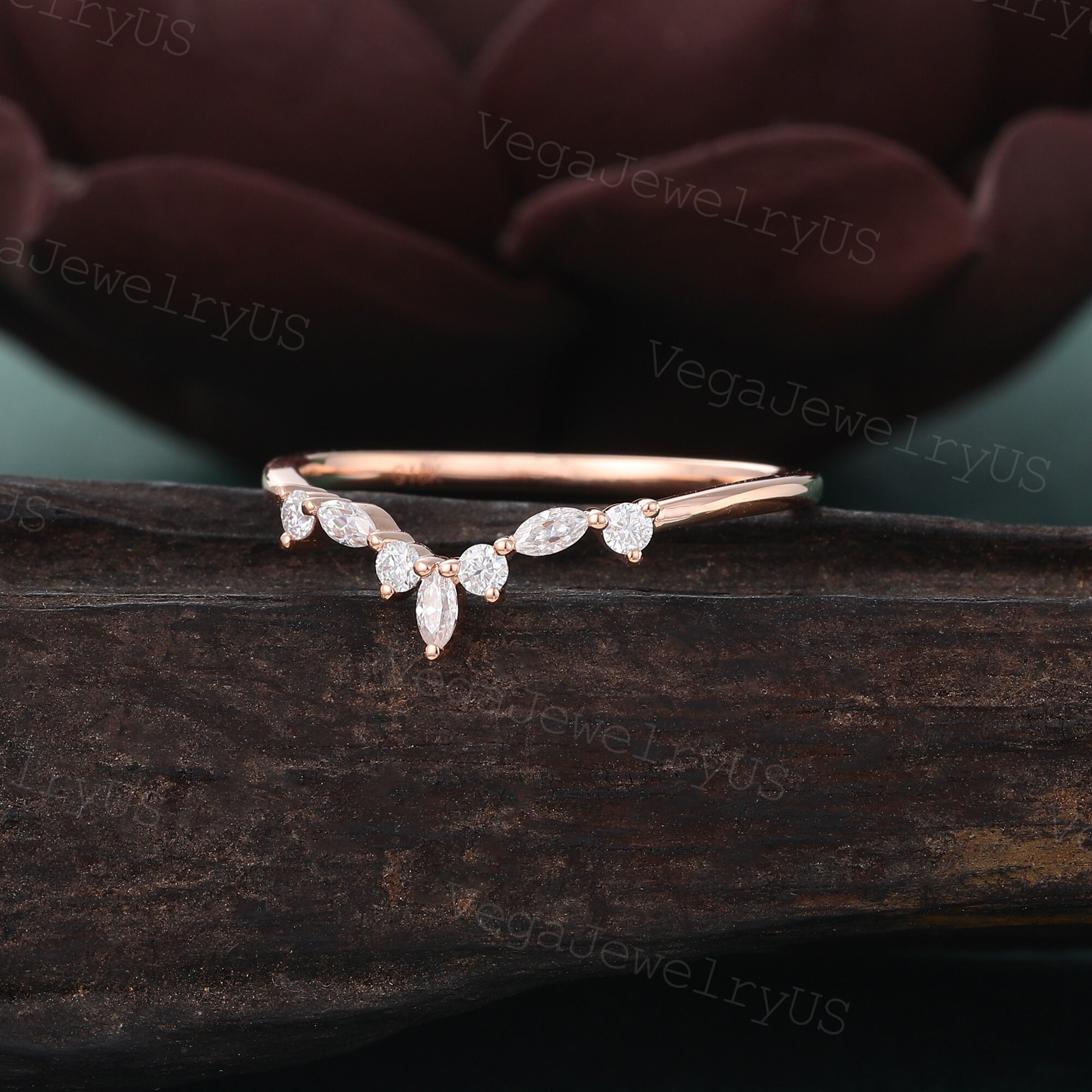 Marquise Cut Moissanite Curved Wedding Band Vintage Rose Gold Wedding ...