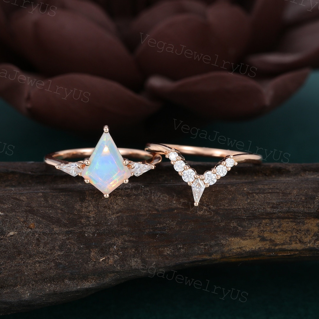 Matching Opsite Rings Kite Cut Opal Engagement Ring Set Unique Rose Gold Moissanite Ring Set ...