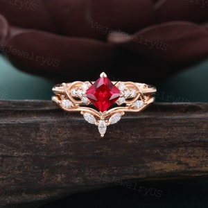 Princess cut Lab Ruby engagement ring set Rose gold Marquise cut moissanite ring set diamond bridal set Twist promise ring set Marriage ring image 2