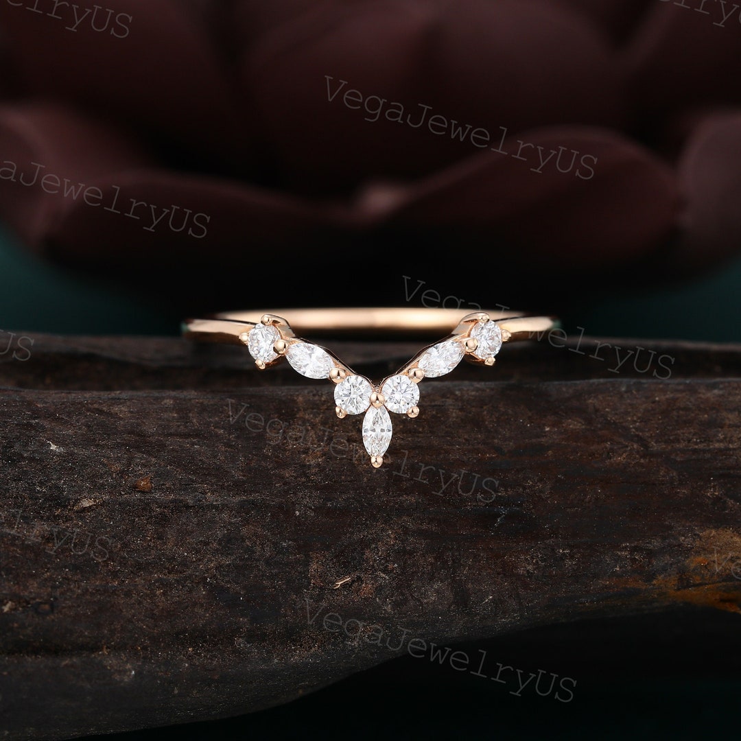 Marquise Moissanite Curved Wedding Band Rose Gold Wedding Band Art Deco ...