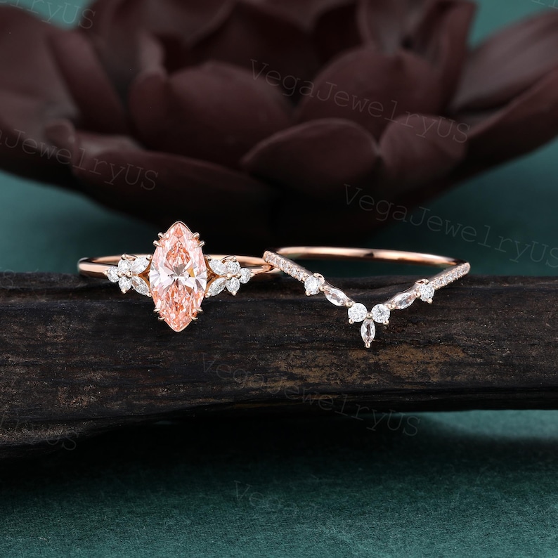 1CT Marquise Cut Lab Grown Pink Diamond Engagement Ring Set Vintage ...