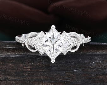 Princess cut moissanite engagement ring Unique white gold engagement ring Dainty diamond bridal ring Twist promise ring anniversary gift