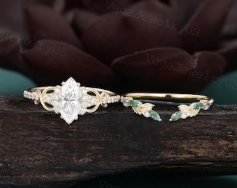 Conjunto de anillo de compromiso de moissanita talla marquesa. Conjunto único de anillo nupcial de moissanita abierta con diseño botánico Art Déco en oro amarillo para mujer.