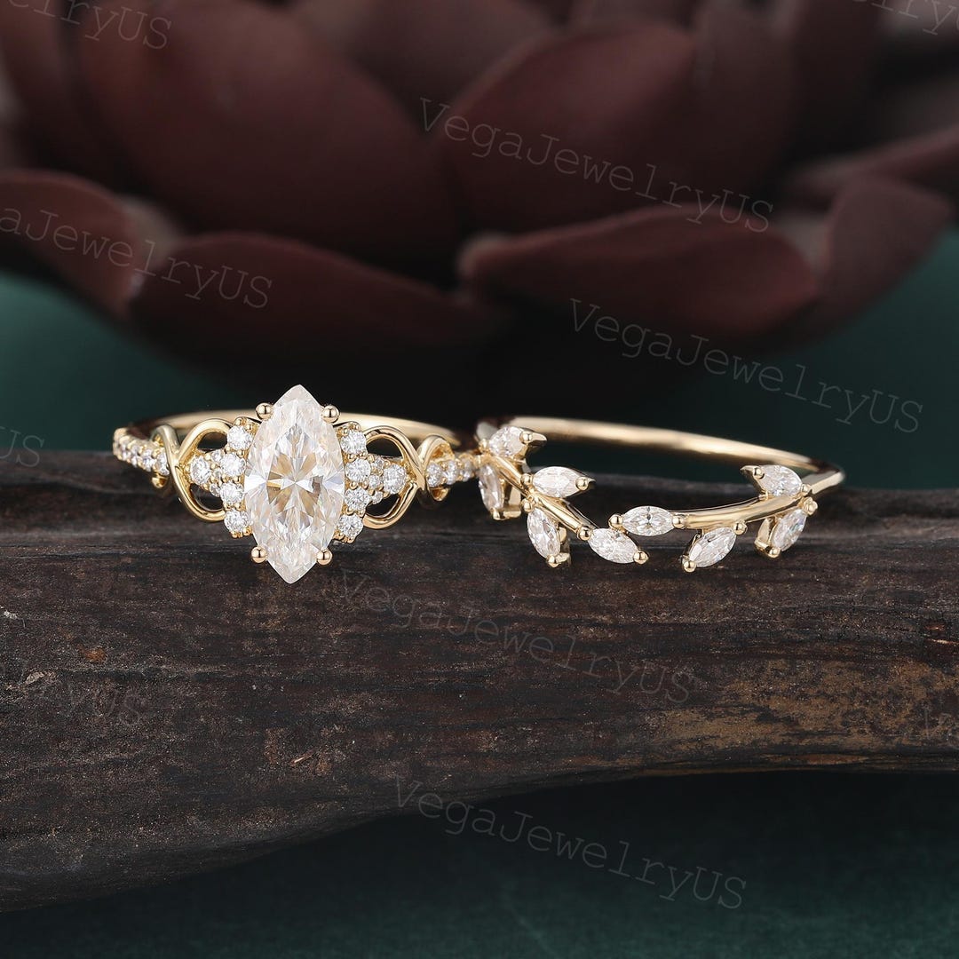 Marquise Cut Moissanite Engagement Ring Set Unique Yellow Gold Art Deco ...