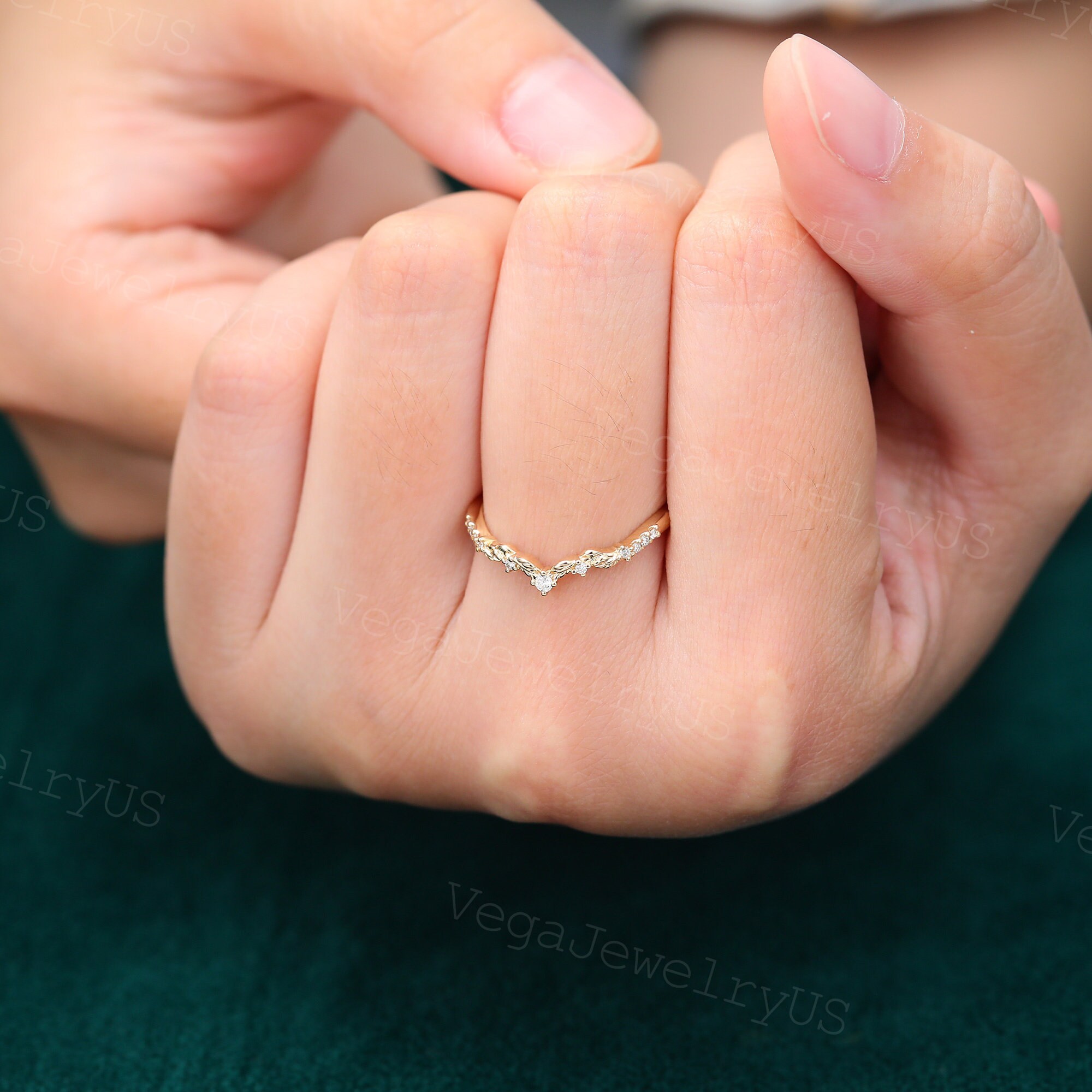 Unique Moissanite Curved Wedding Band Yellow Gold Wedding Band Art Deco ...
