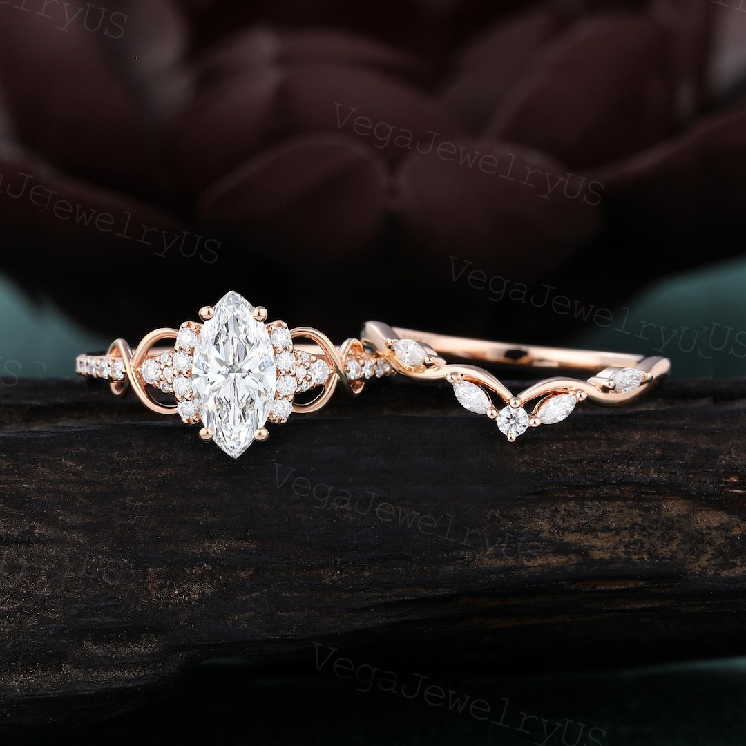 1CT Marquise Cut Lab Grown Diamond Engagement Ring Set Vintage Rose ...