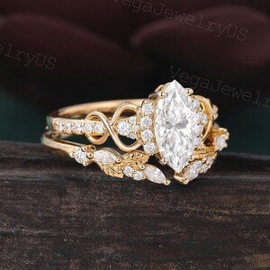 Marquise Cut Moissanite Engagement Ring Set Unique Yellow Gold Art Deco ...