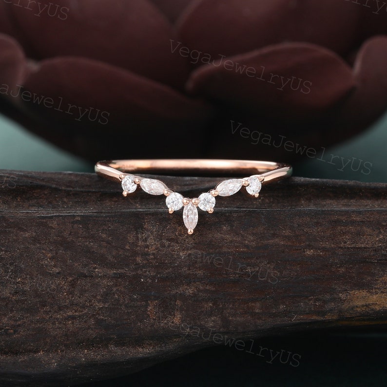 Marquise Cut Moissanite Curved Wedding Band Vintage Rose Gold Wedding ...
