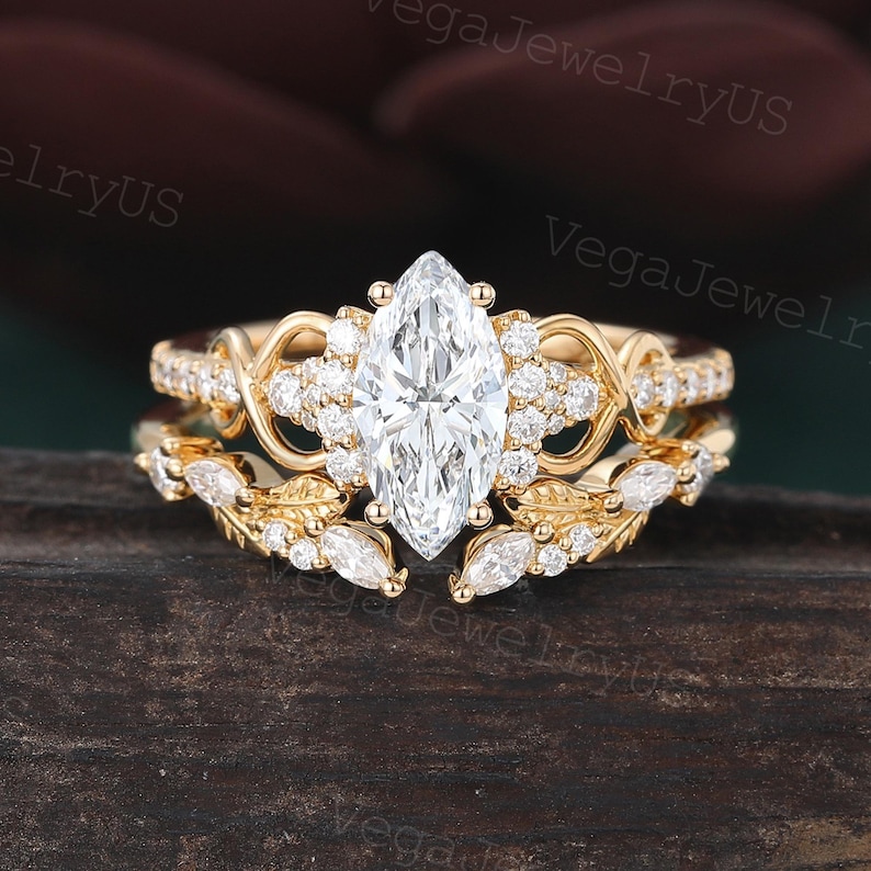 1CT Marquise Cut Lab Grown Diamond Engagement Ring Set Unique Yellow ...