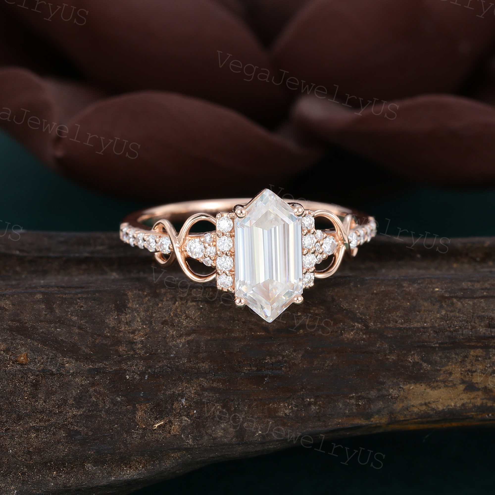 Long Hexagon Moissanite Engagement Ring Unique Rose Gold Etsy