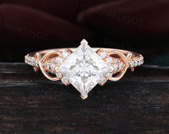 Princess cut Moissanite engagement ring Unique rose gold engagement ring dainty diamond bridal ring Twist ring promise ring anniversary gift