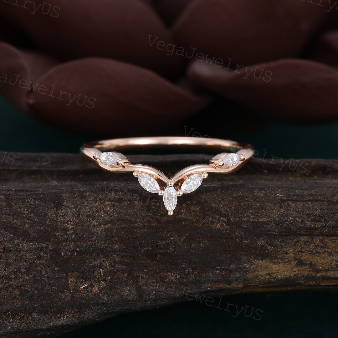 Rose Gold Curved Wedding Band Marquise Moissanite Wedding Band Matching ...