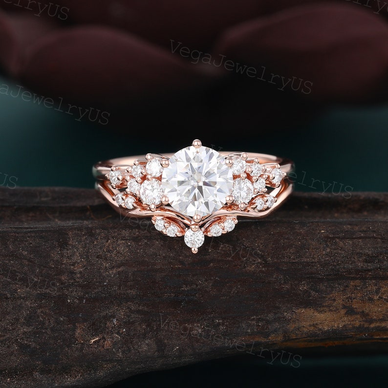 Vintage moissanite engagement ring set Unique rose gold engagement ring set Dainty diamond bridal set promise ring Anniversary gift image 2