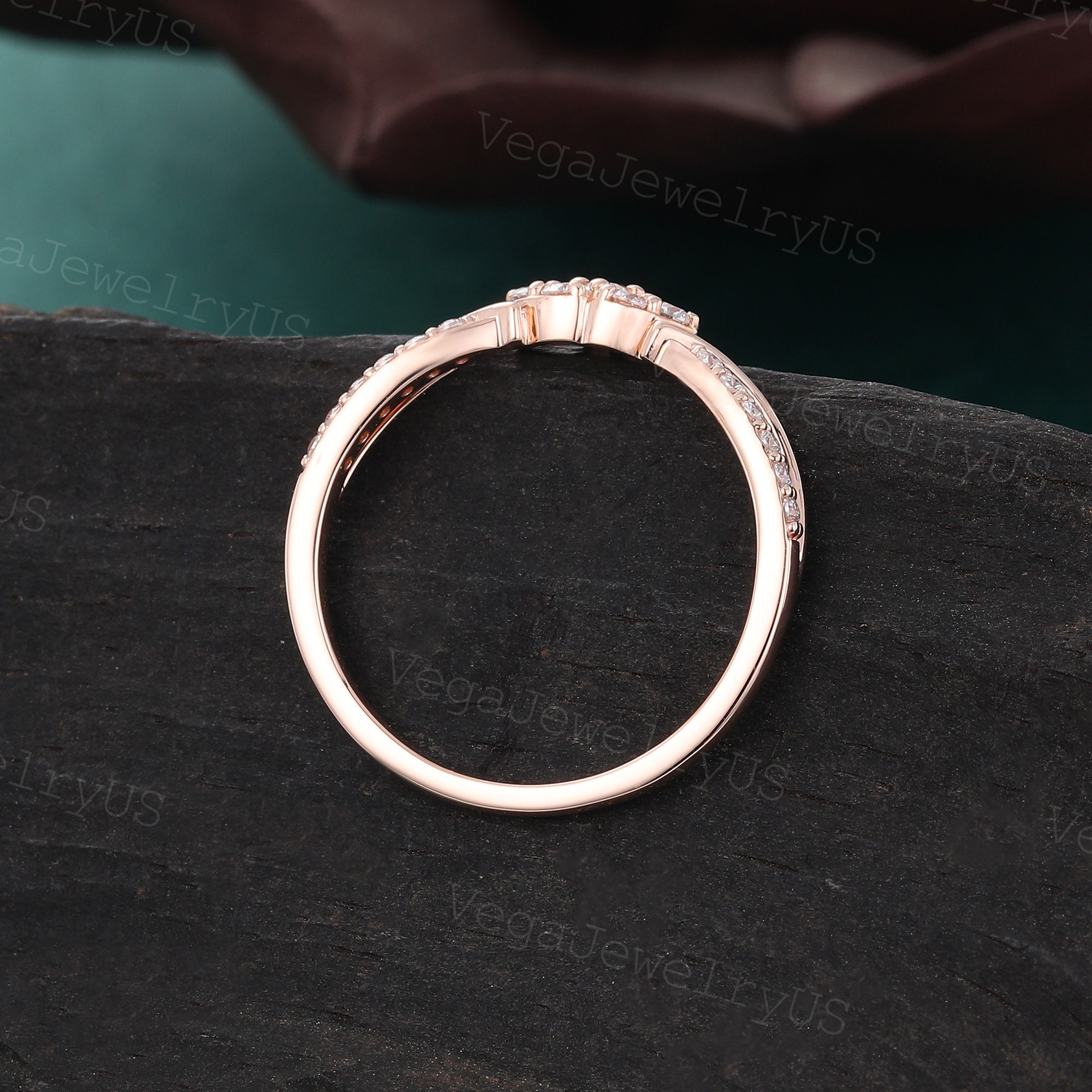 Vintage Curved Wedding Band Unique Rose Gold Moissanite Ring Art Deco ...