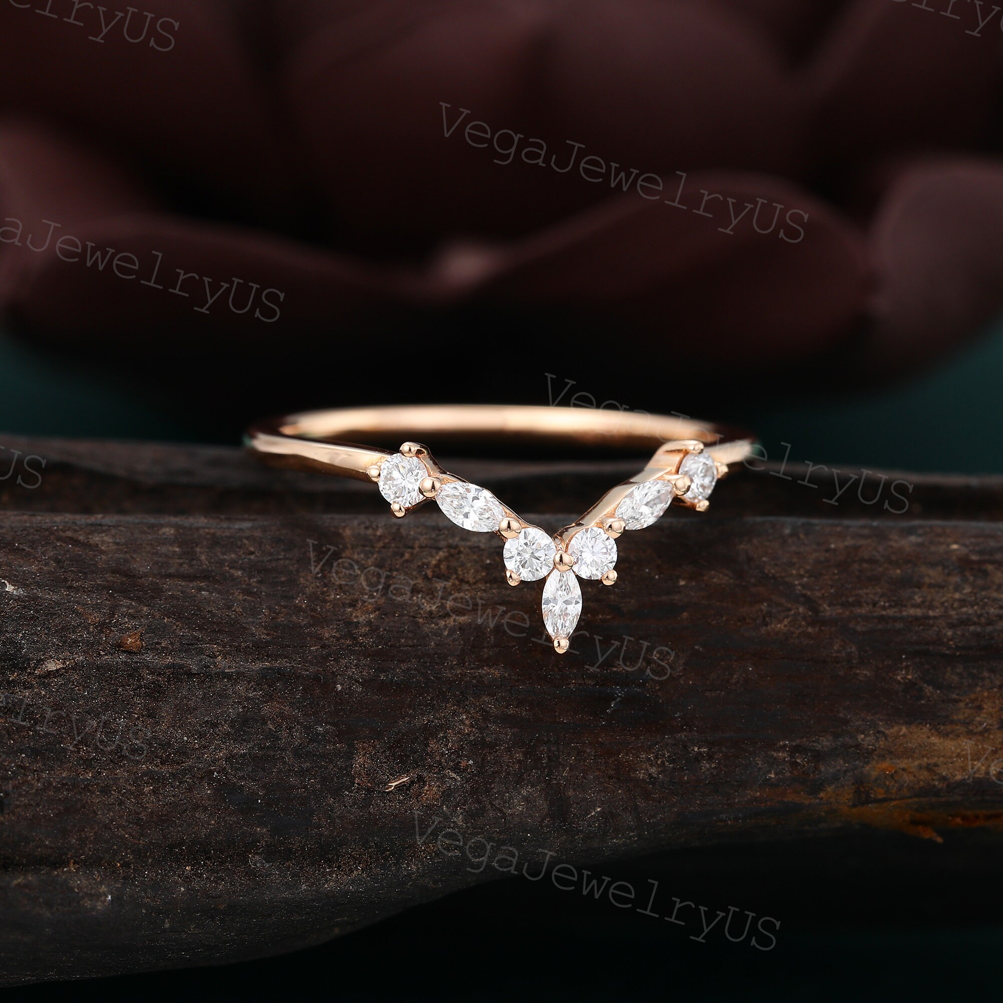Marquise Moissanite Curved Wedding Band Rose Gold Wedding Band Art Deco ...