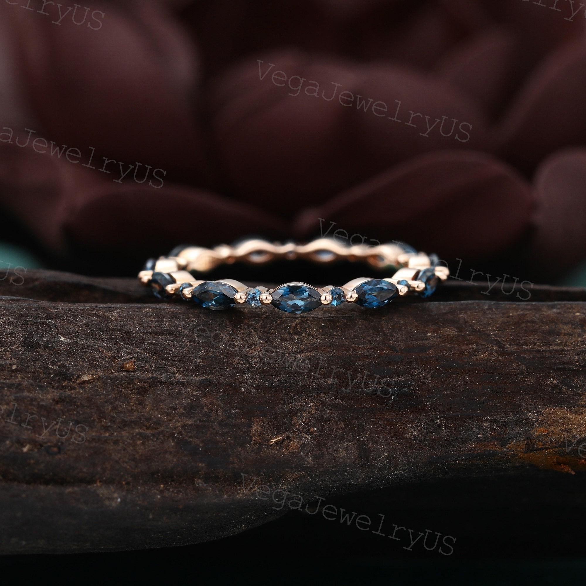 Full/Half eternity London Blue Topaz wedding band rose gold wedding band Marquise Topaz ring Art deco ring Matching Stackable bridal ring