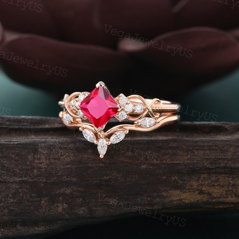 Princess cut Lab Ruby engagement ring set Rose gold Marquise cut moissanite ring set diamond bridal set Twist promise ring set Marriage ring image 3