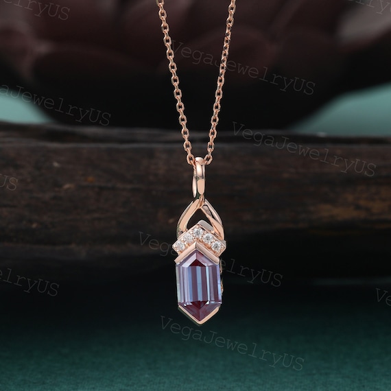 Long Hexagon Cut Alexandrite Necklace Vintage Rose Gold Unique Personalized Pendant for Women June Birthstone Anniversary Bridal Gift Mother