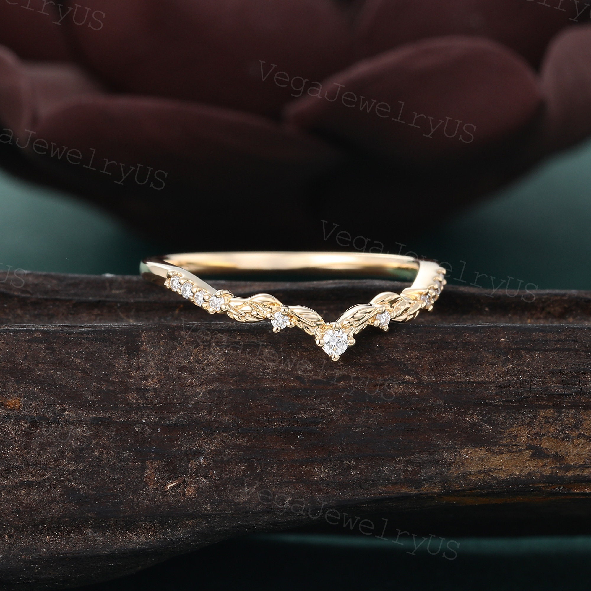 Unique Moissanite Curved Wedding Band Yellow Gold Wedding Band Art Deco ...