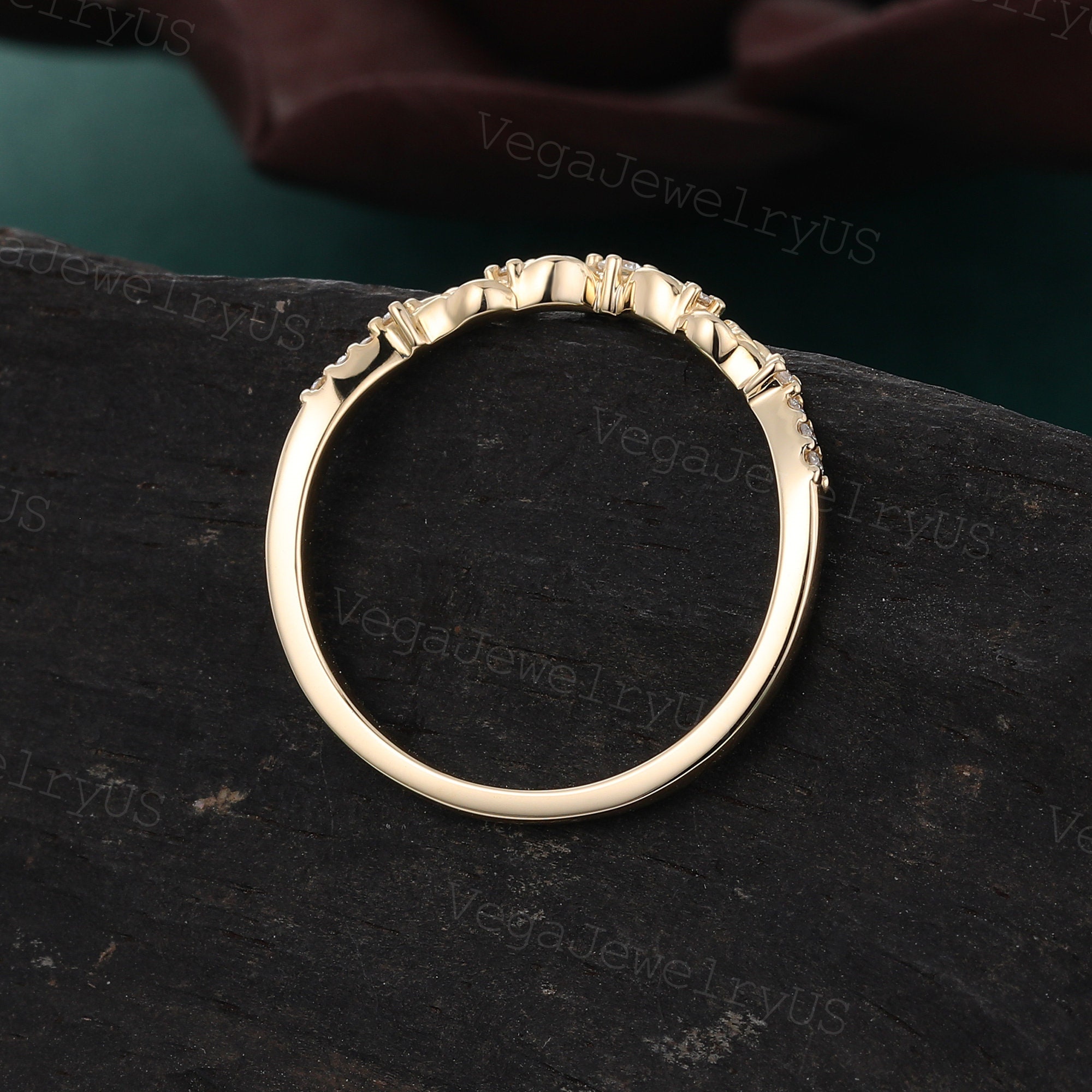 Unique Moissanite Curved Wedding Band Yellow Gold Wedding Band Art Deco ...