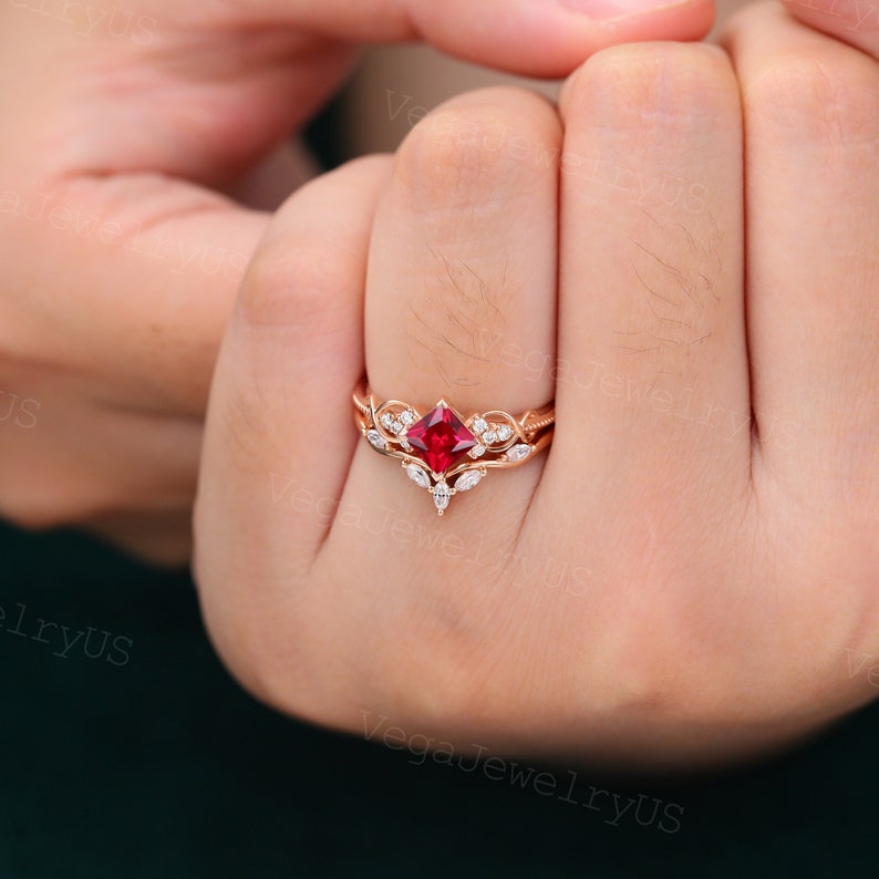 Princess cut Lab Ruby engagement ring set Rose gold Marquise cut moissanite ring set diamond bridal set Twist promise ring set Marriage ring image 5