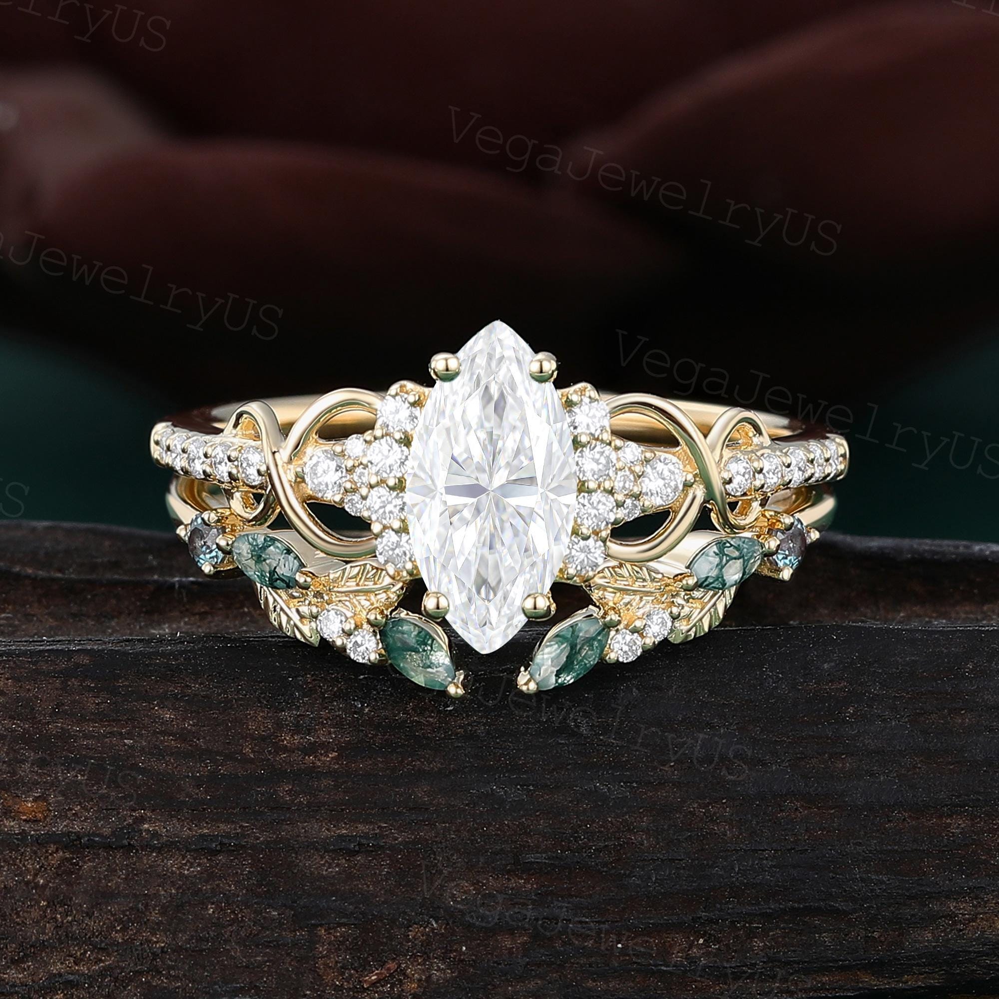Marquise Cut Moissanite Engagement Ring Set Unique Yellow Gold Art Deco ...